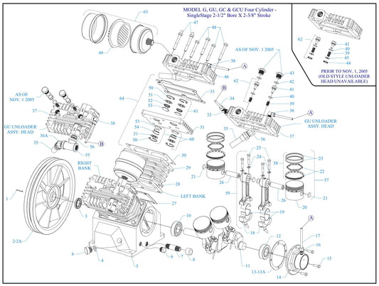 G13HGA-17P-3000W Model G, GU, GC & GCU Four Cylinder - Single Stage 2-1/2" Bore X 2-3/8" Stroke Assembly Parts By Jenny
