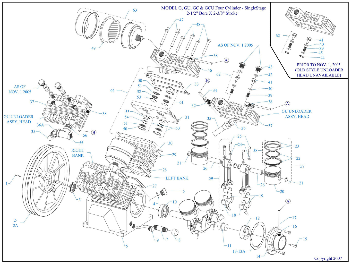 Model G, GU, GC & GCU Four Cylinder - Single Stage 2-1/2" Bore X 2-3/8" Stroke Assembly Parts By Jenny