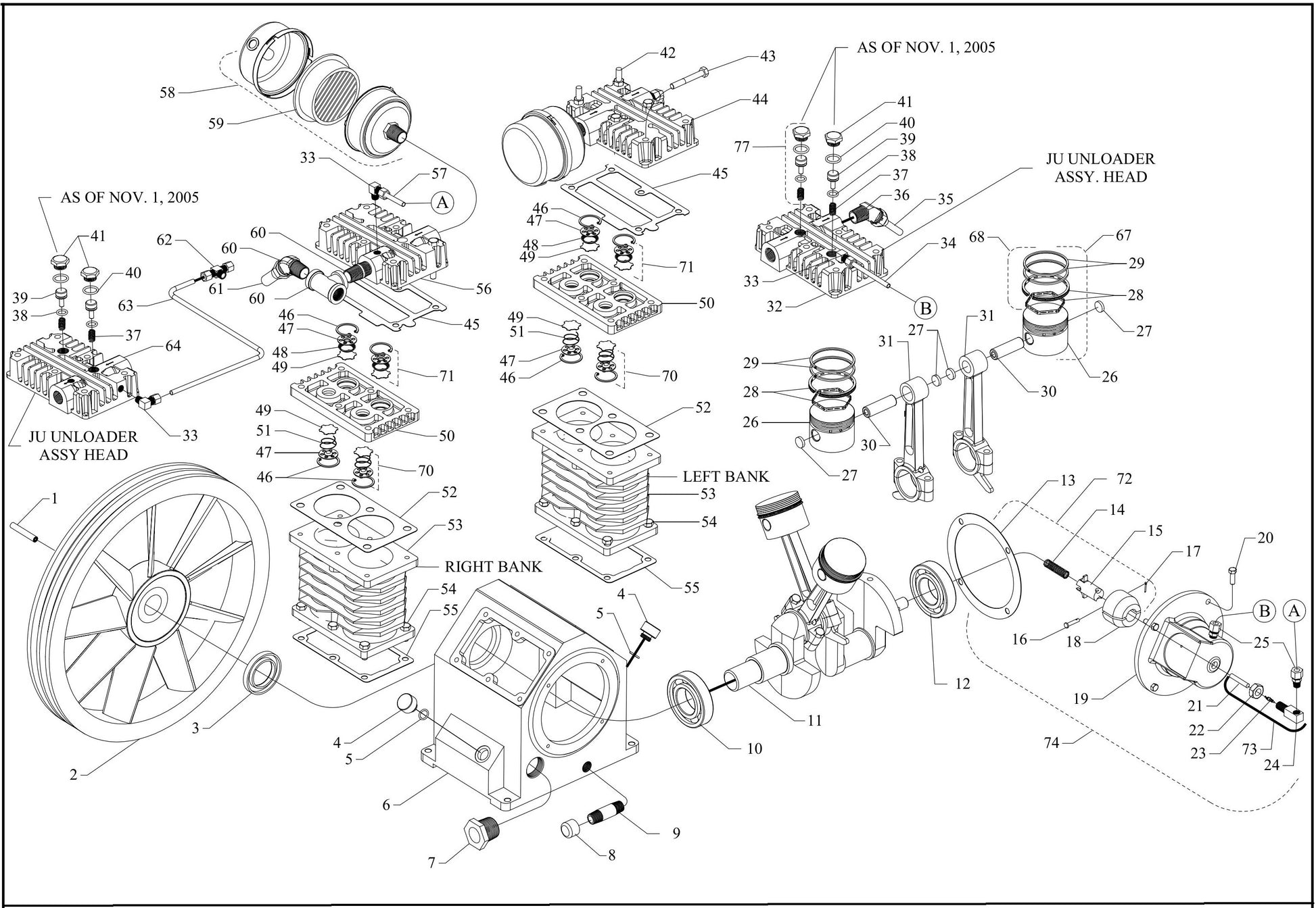 J5A-B Four Cylinder Single Stage 2-1/2 Bore X 3-1/4 Stroke Assembly Parts