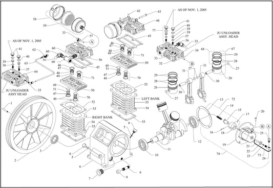 J5A-B Four Cylinder Single Stage 2-1/2 Bore X 3-1/4 Stroke Assembly Parts