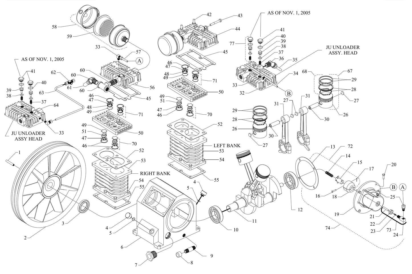 Model J & JU Four Cylinder Single Stage 2-1/2 Bore X 3-1/4 Stroke  Assembly Parts By Jenny