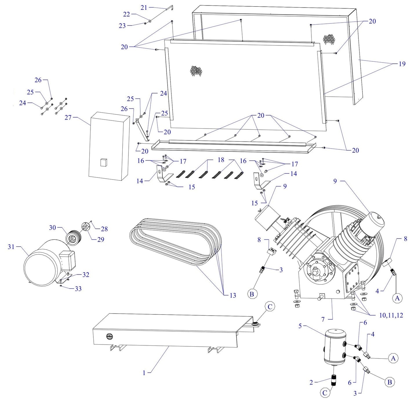 T15B-B Three Phase Air Compressor Assembly Parts