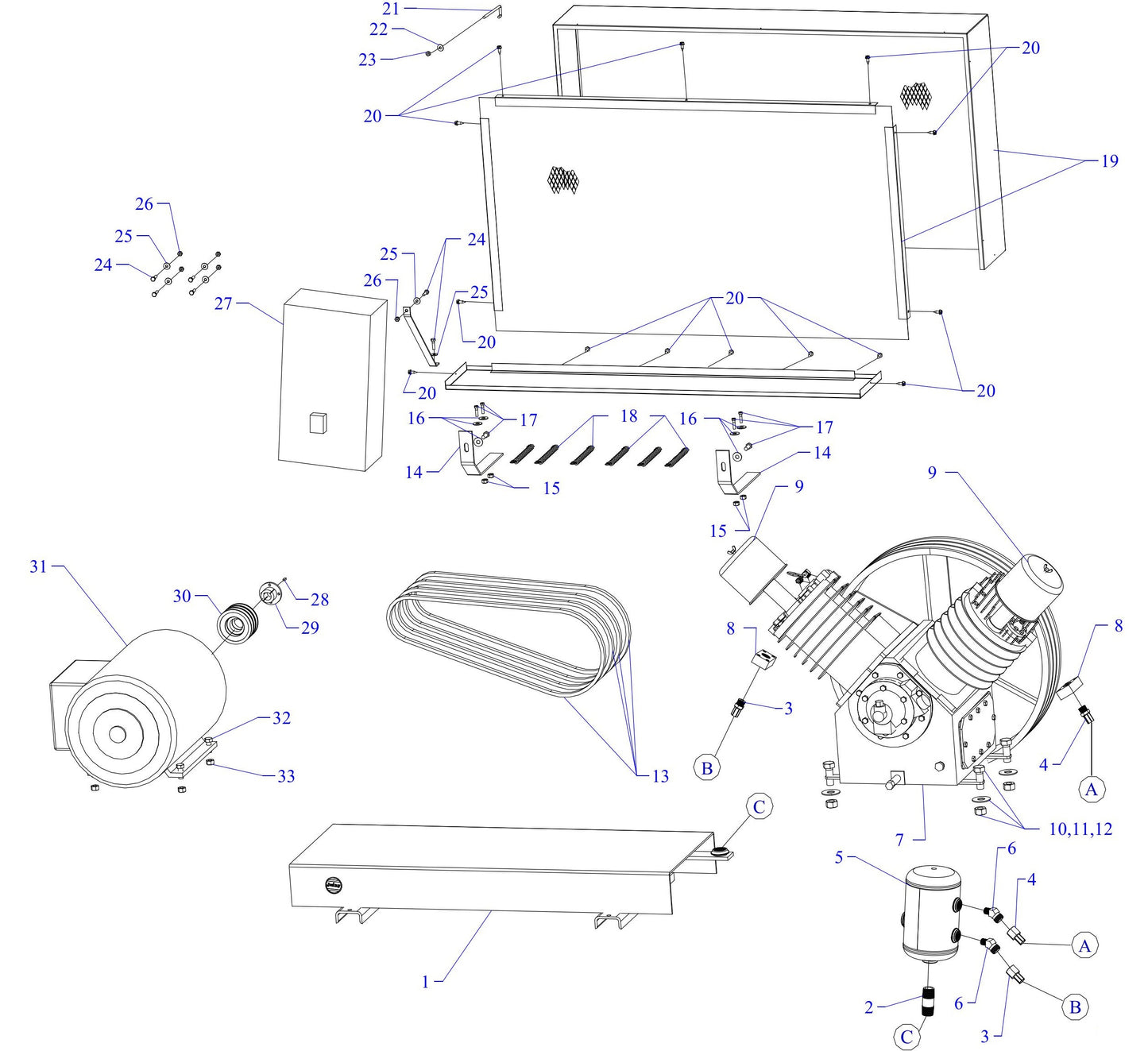 T25B-B Three Phase Air Compressor Assembly Parts