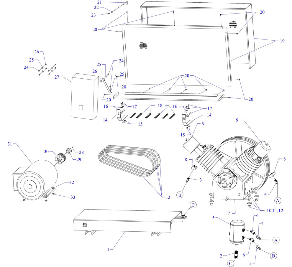T25B-B Three Phase Air Compressor Assembly Parts