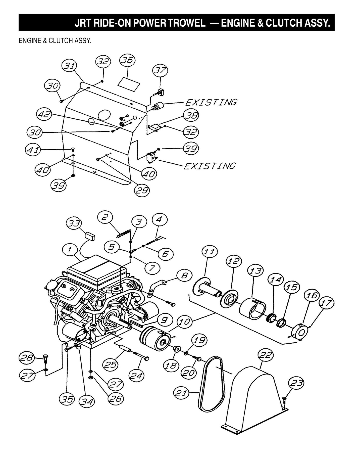 JRT Ride-On Power Trowel-Engine and Clutch Assembly (Fig 1)