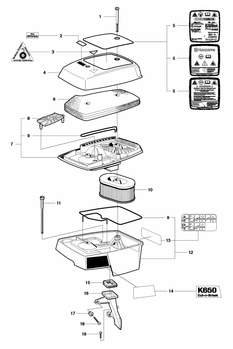 K650 Cut-n-Break Air Filter Assembly Parts by Husqvarna