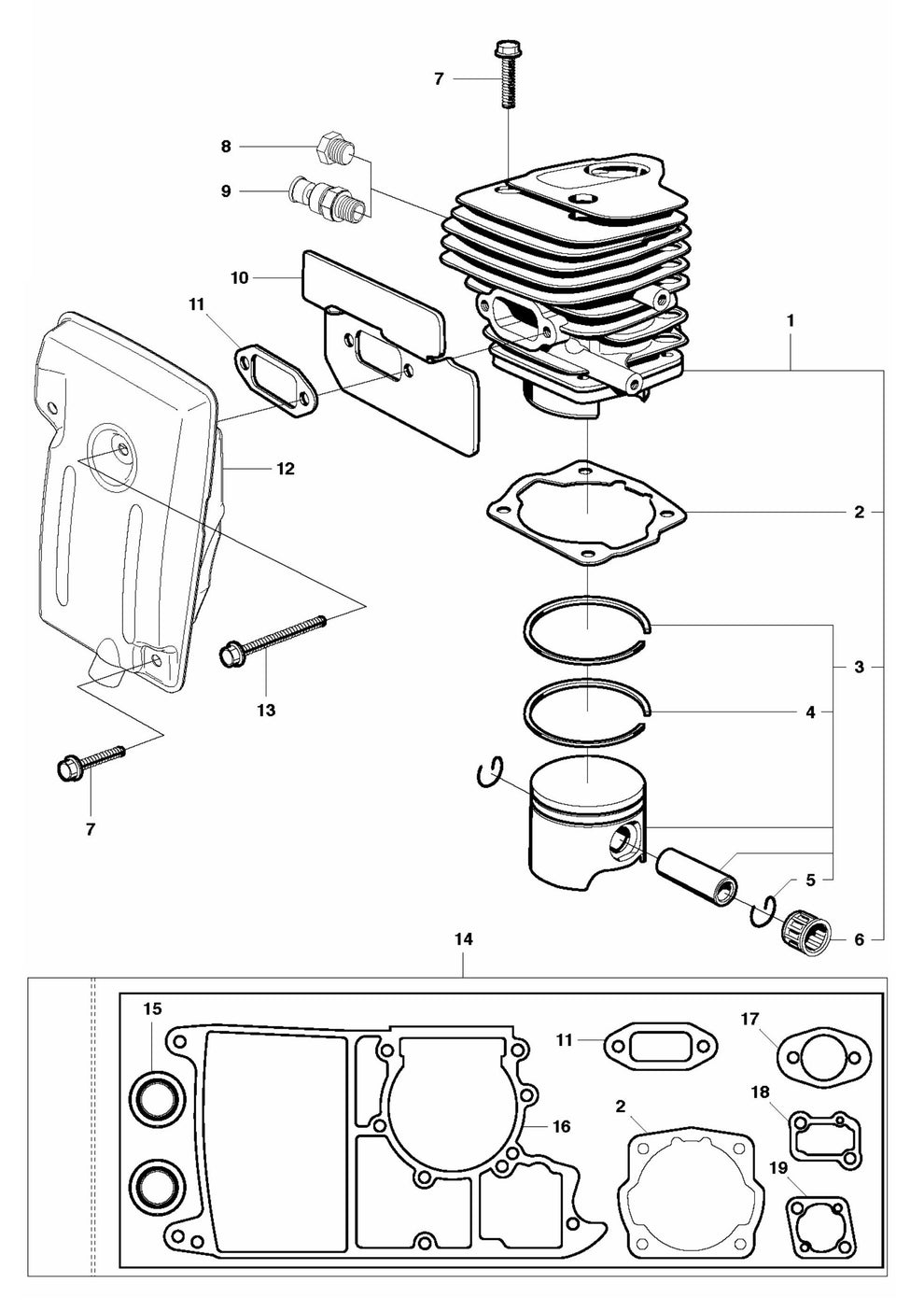 K650 Cut-n-Break Cylinder, Piston and Muffler Assembly Parts by Husqvarna