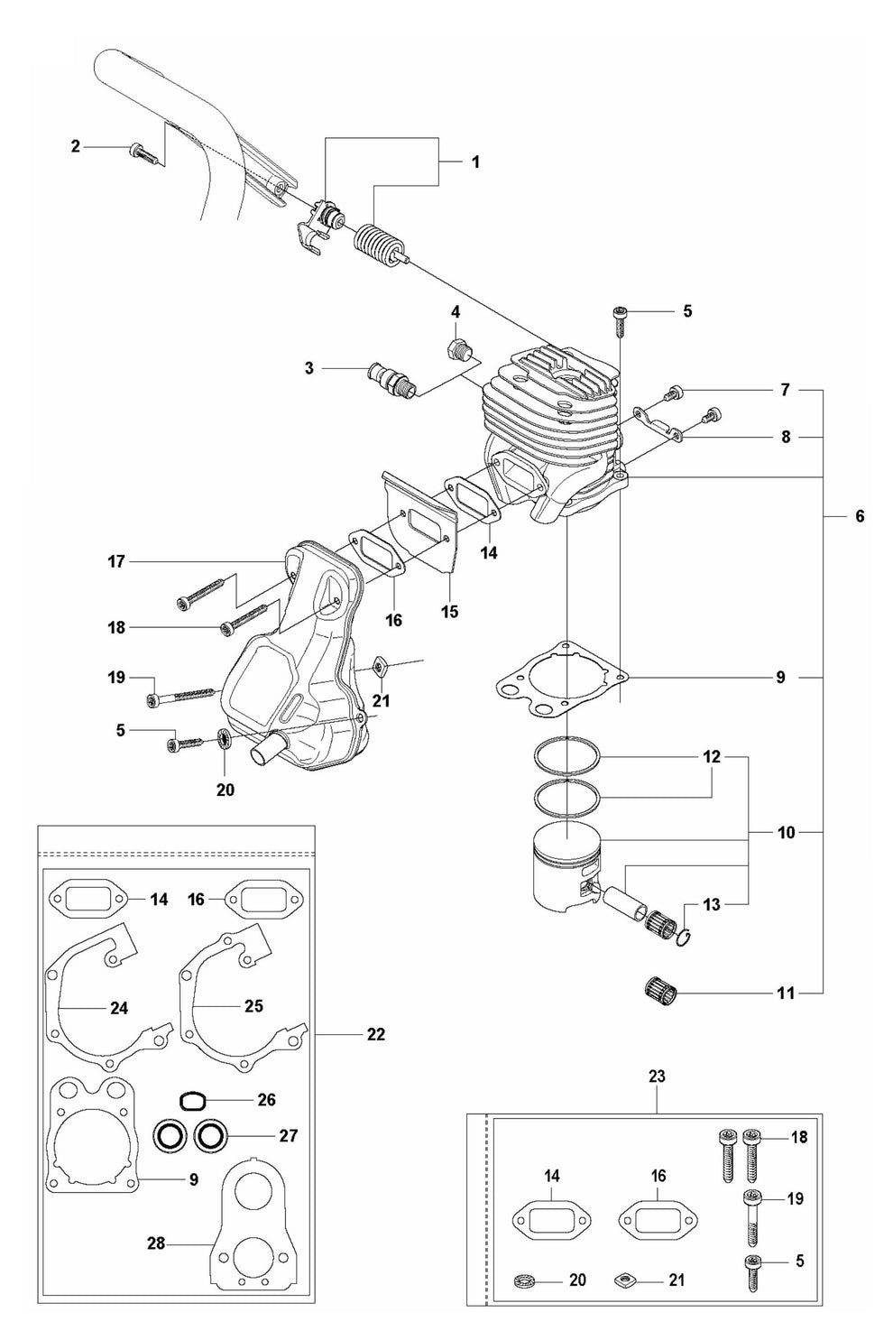 K760 Rescue Cylinder, Piston and Muffler Assembly Parts by Husqvarna