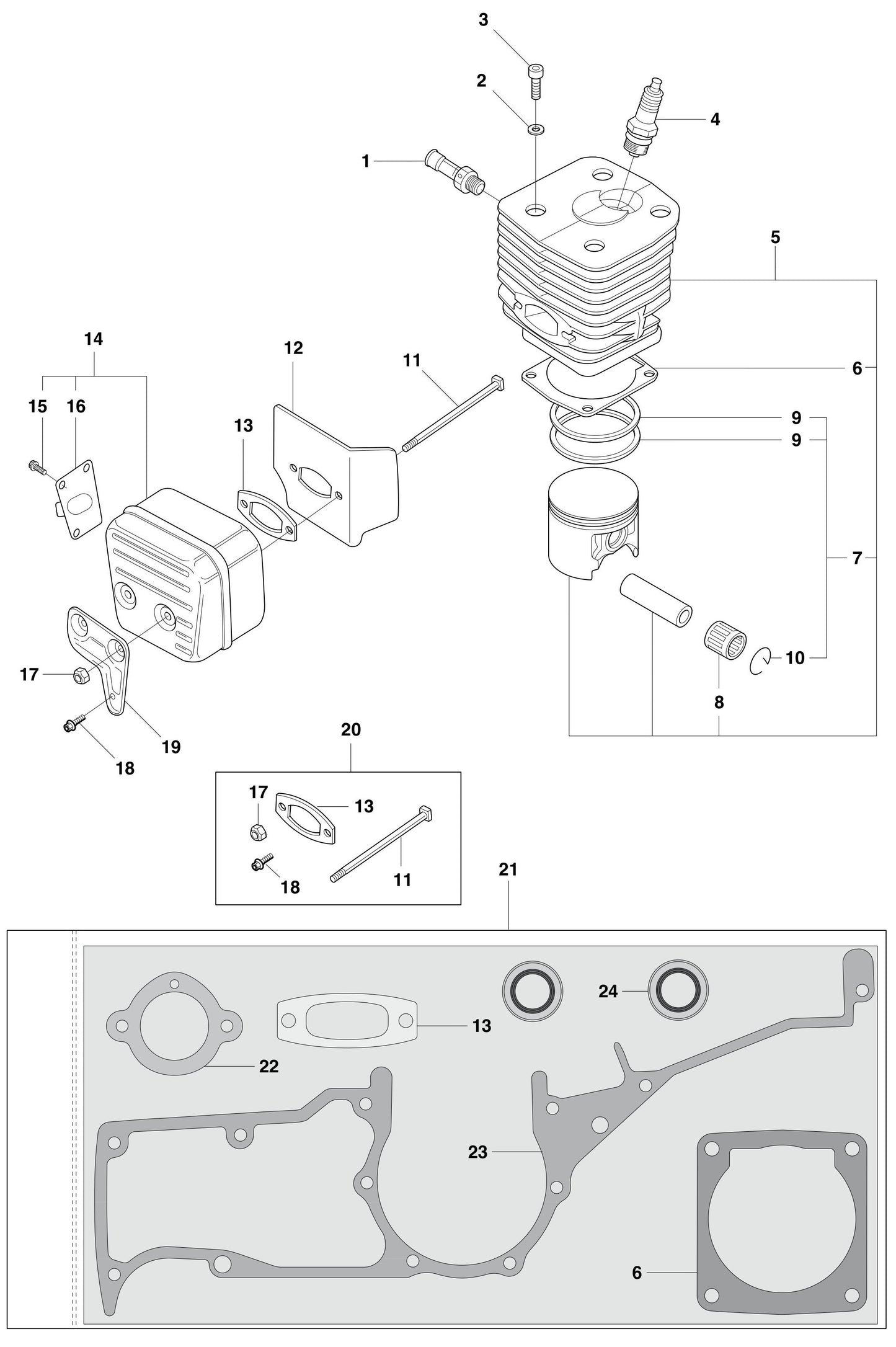 K1250 Cylinder Piston and Muffler Assembly Parts by Husqvarna