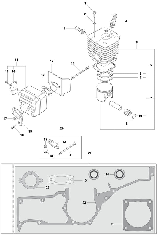 K1250 Cylinder Piston and Muffler Assembly Parts by Husqvarna