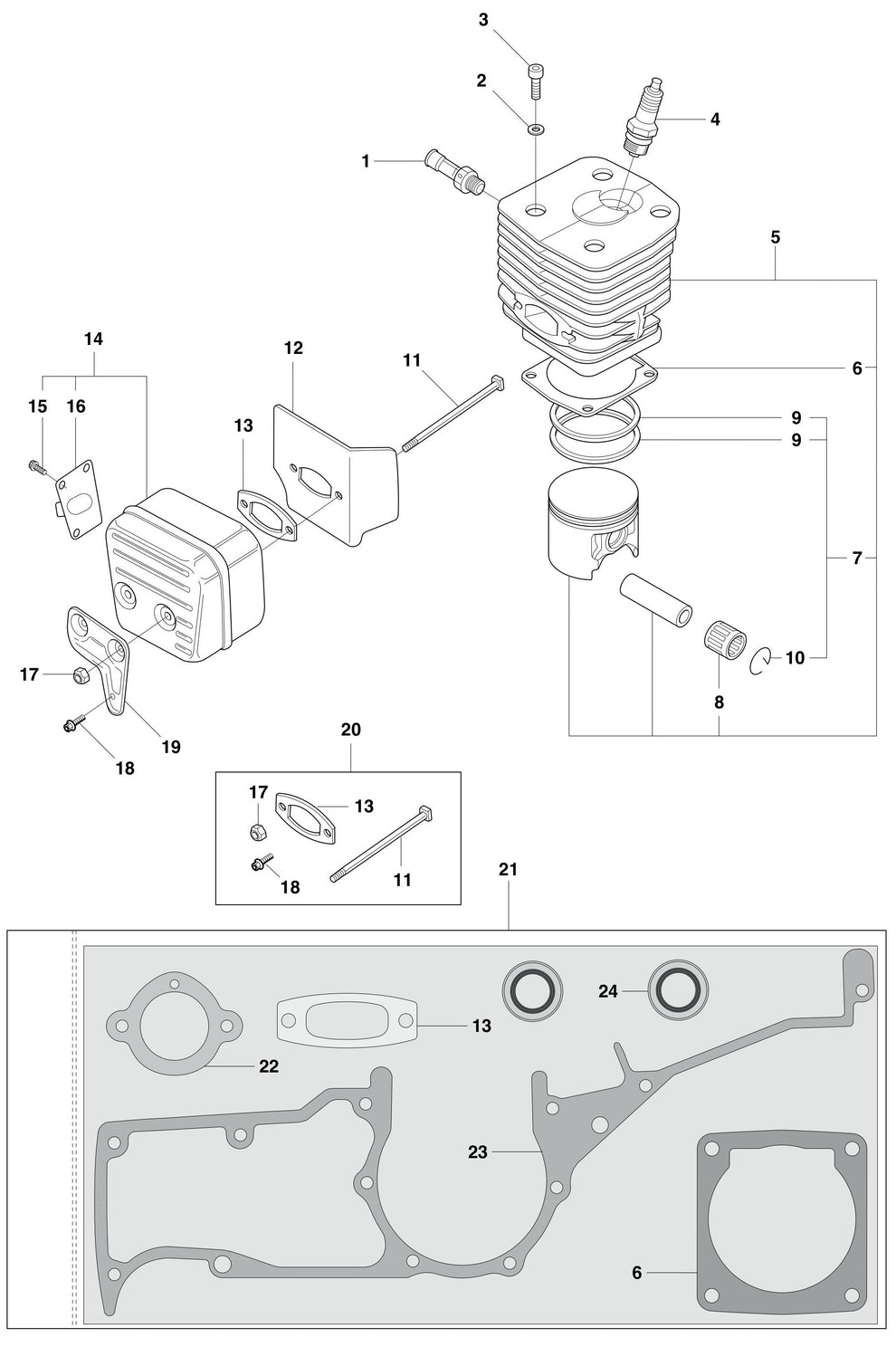K1250 Cylinder Piston and Muffler Assembly Parts by Husqvarna