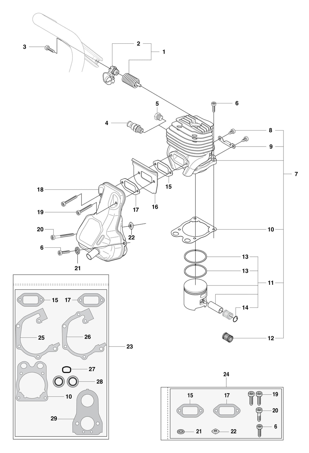 K750 Cylinder, Piston and Muffler Assembly Parts by Husqvarna