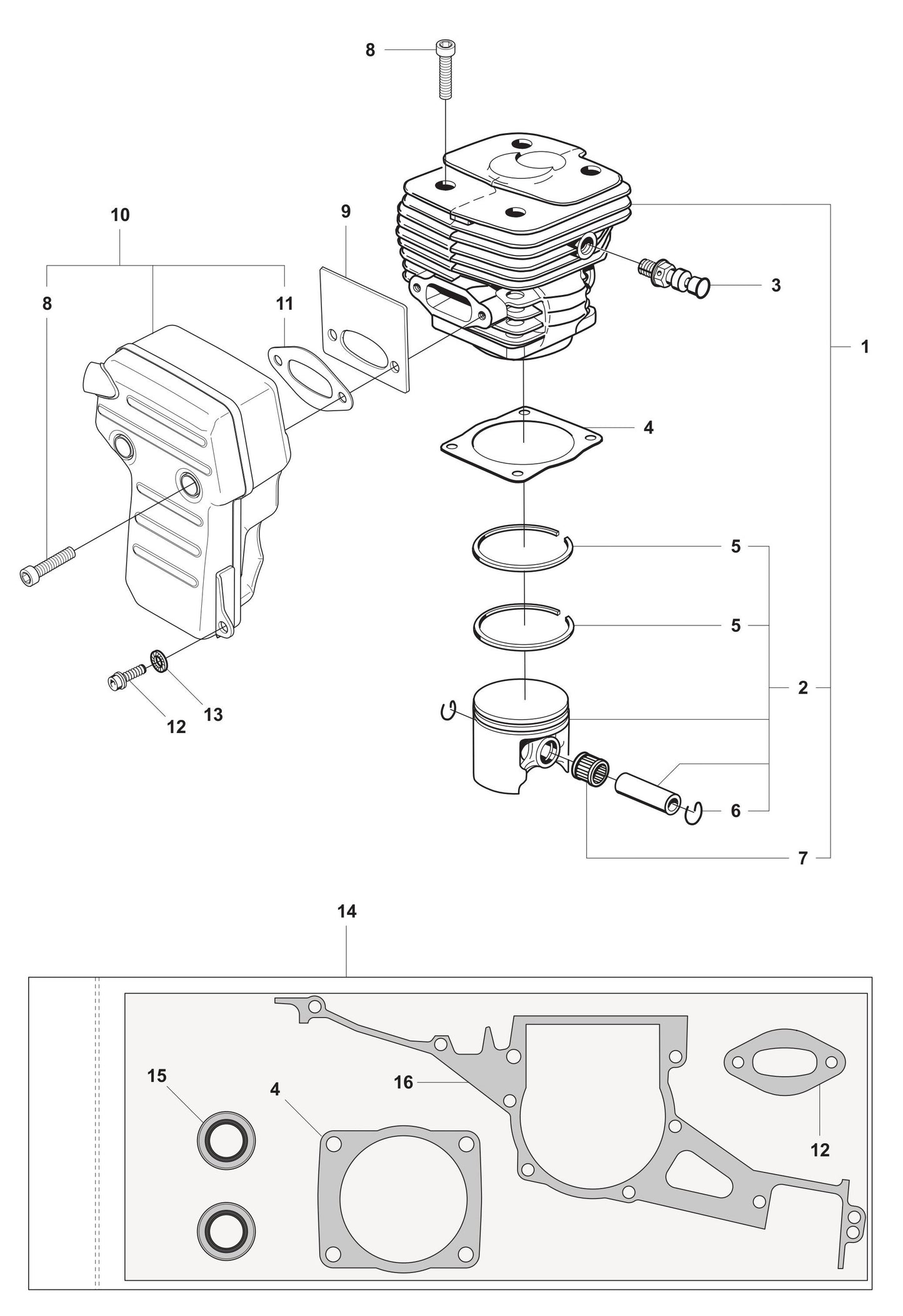K950 Cylinder Piston and Muffler Assembly Parts