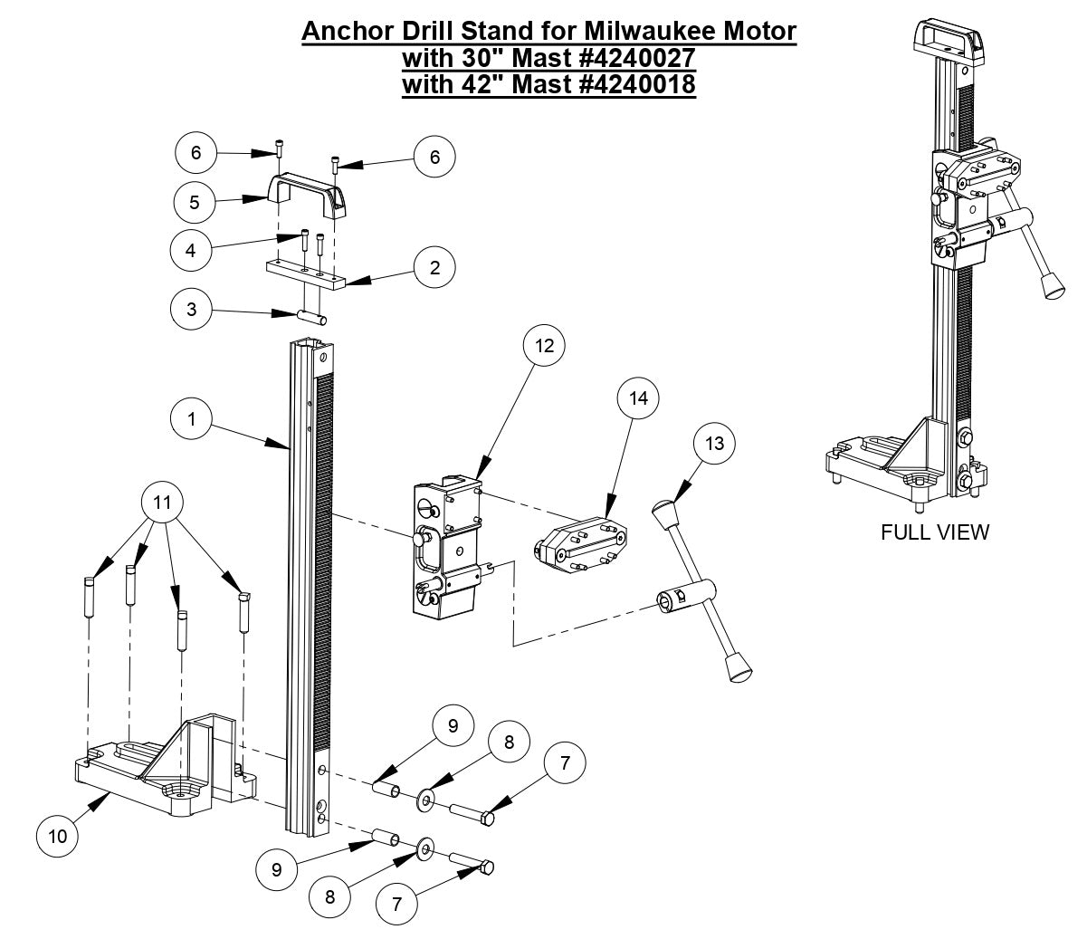 M-4 Anchor Drill Stand for Milwaukee Motor with 30&quot; &amp; 42&quot; Mast