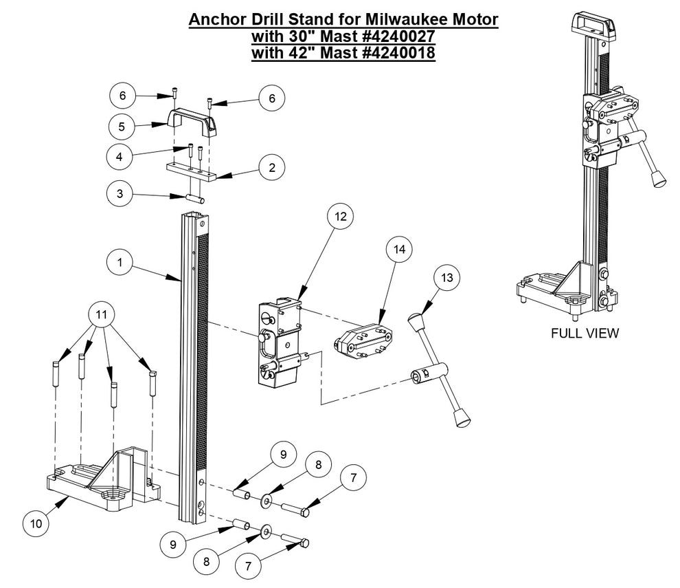 M-4 Anchor Drill Stand for Milwaukee Motor with 30" &amp; 42" Mast