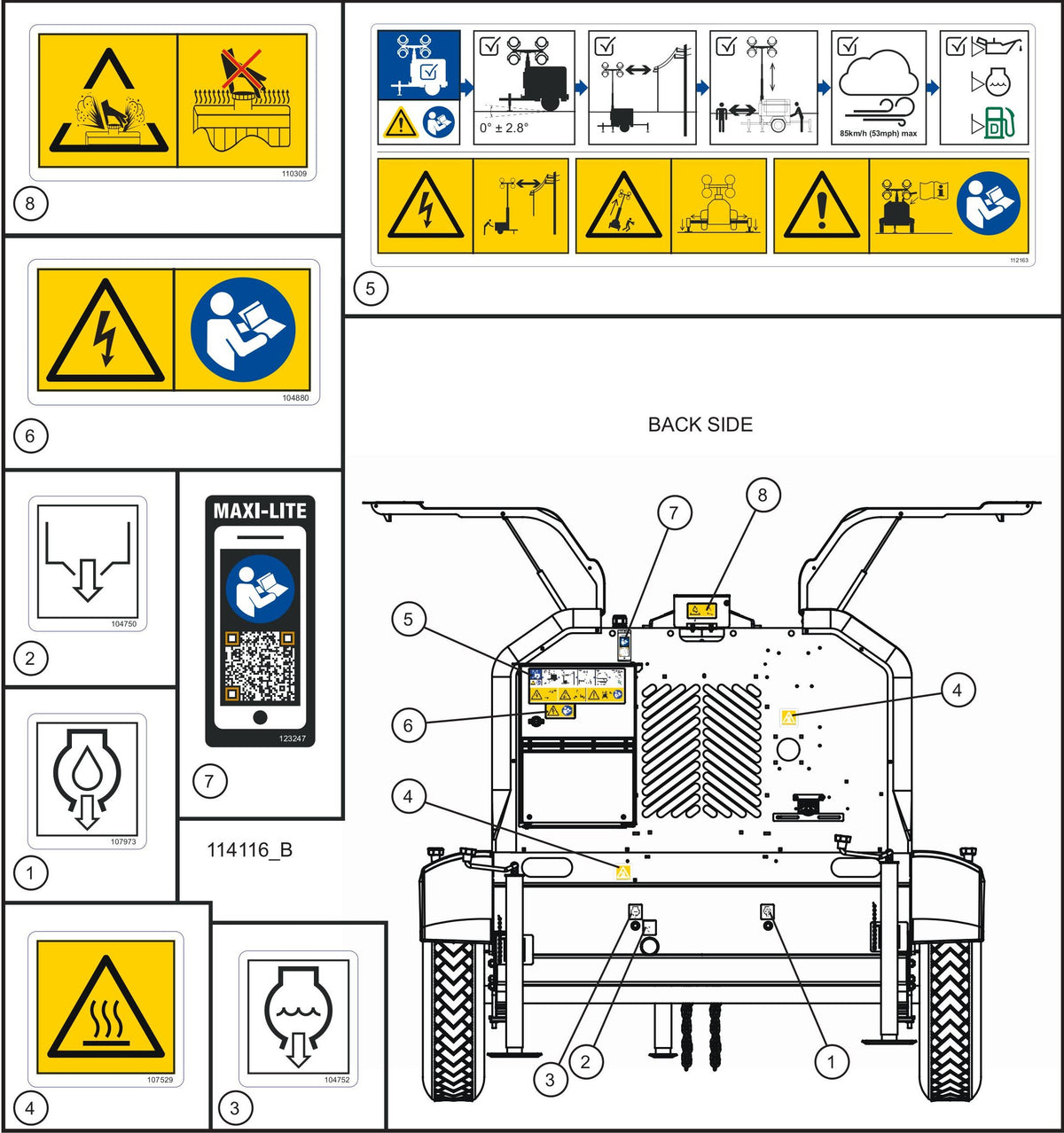 Maxi-Lite (SN 11-001672 to 11-999999) International Wordless Safety Decals (3 of 6) Assembly Parts by Allmand
