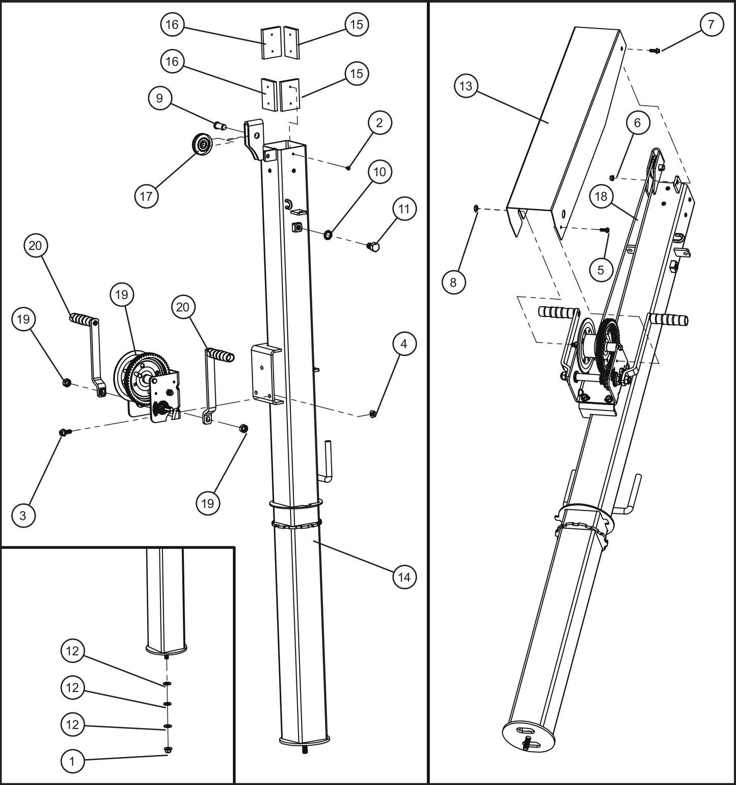 GR Series 6kW Night-Lite - Manual Winch Tower Section 1 Assembly Parts By Allmand