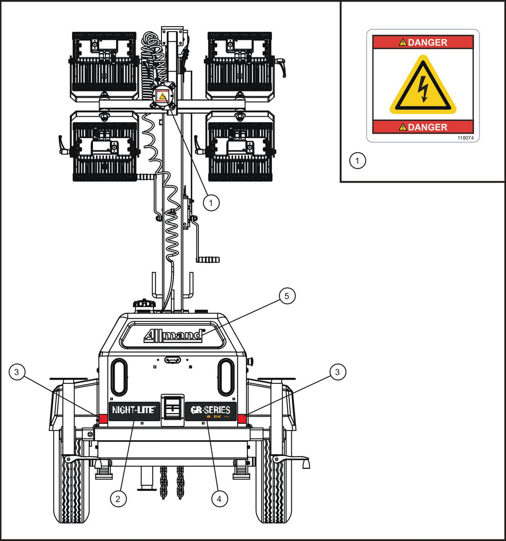 Rear Side English and French Decals Assembly Parts for GR Series Night-Lite Air Cooled (Sn 25-000001 to 25-999999) by Allmand