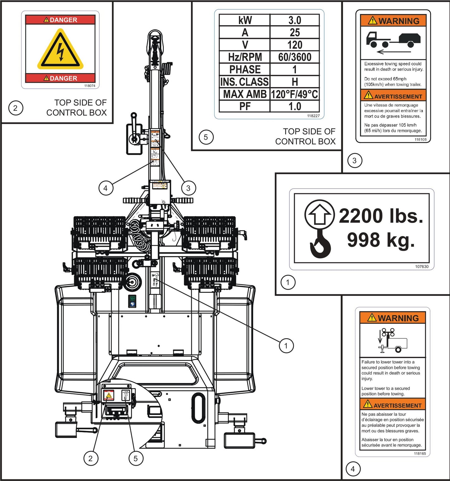 GR Series Night-Lite Air Cooled - Top View English and French Decals Assembly Parts By Allmand