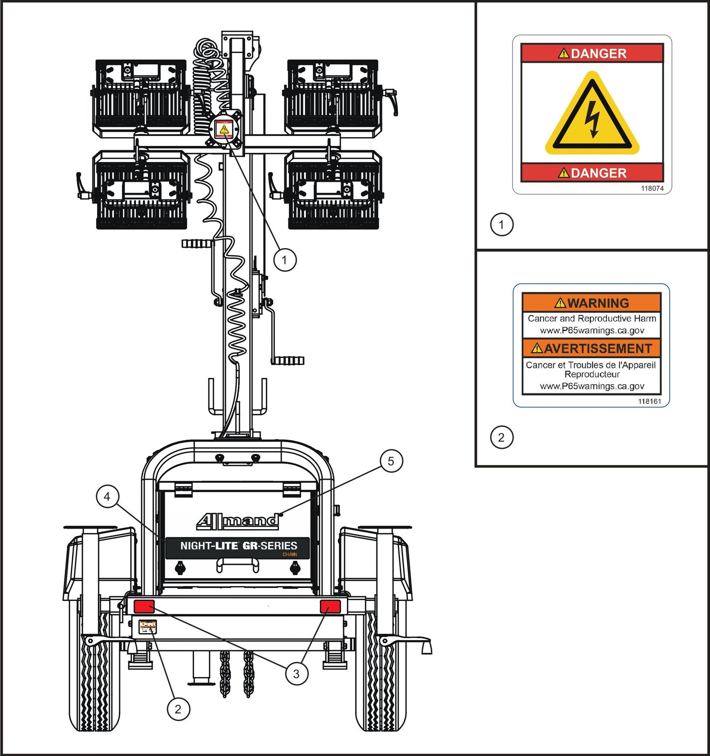 GR Series Night-Lite Chain - Rear Side English and French Decals Assembly Parts By Allmand