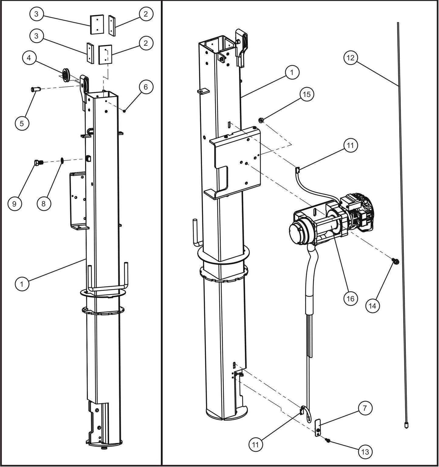 Night-Lite E-Series Manual Winch SH 1000 Electric Winch Vertical Tower Section 1 (1 of 2) Assembly Parts By Allmand