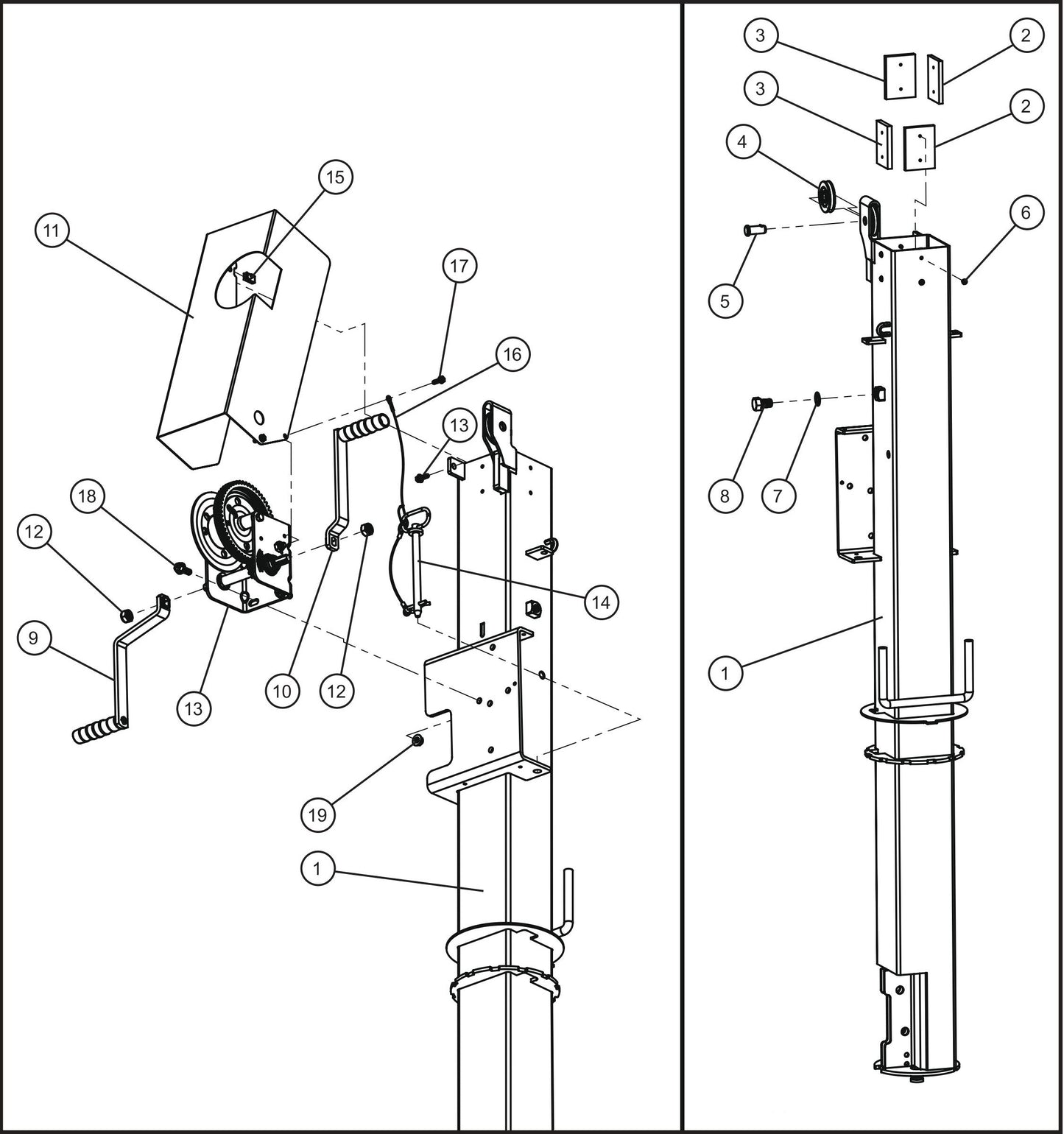 Night-Lite E-Series Manual Winch Vertical Tower Section 1 Assembly Parts By Allmand