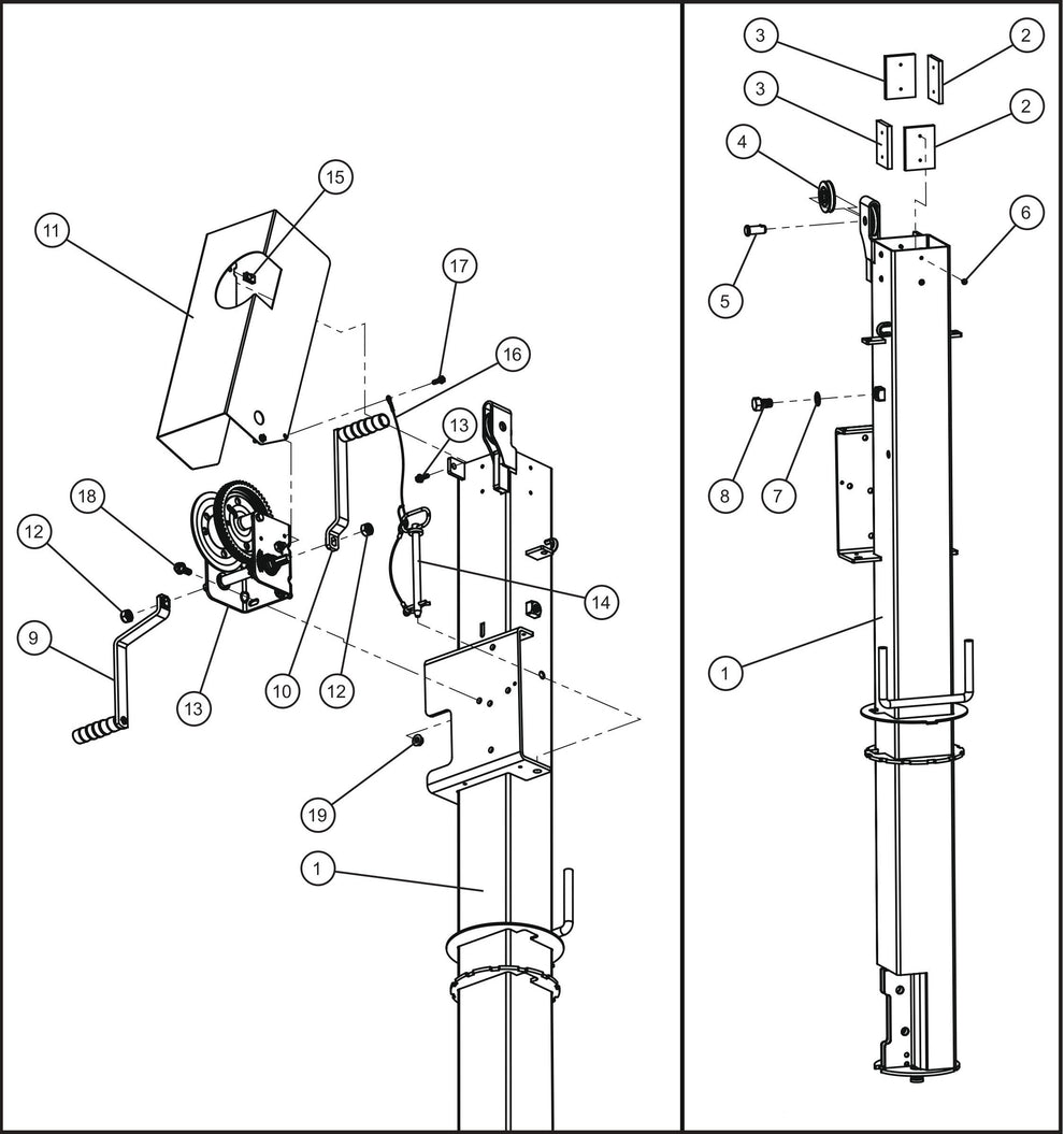 Night-Lite E-Series Manual Winch Vertical Tower Section 1 Assembly Parts By Allmand