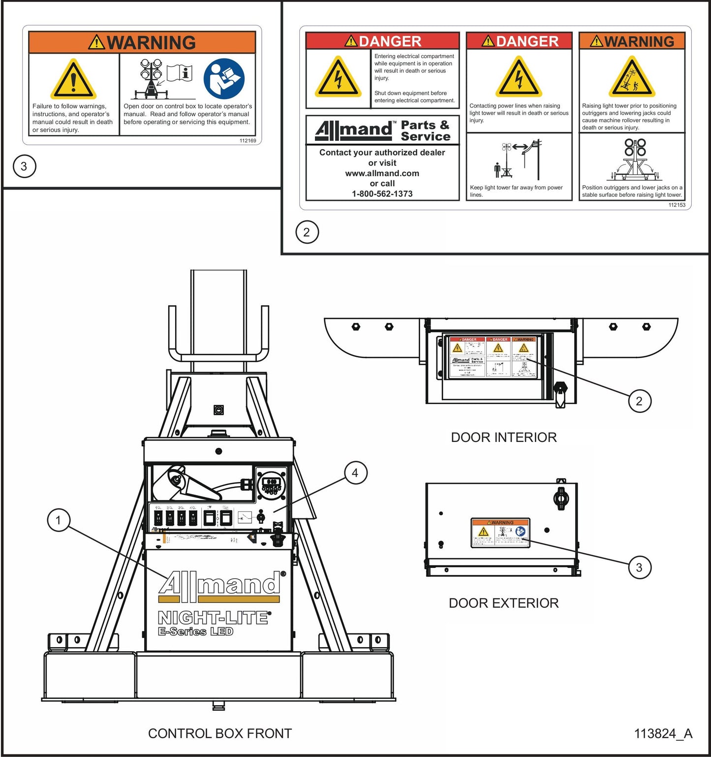 Night-Lite E-Series Manual Winch Control Box Front and Door English Decals Assembly Parts By Allmand
