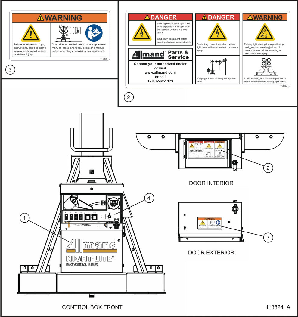 Night-Lite E-Series Manual Winch Control Box Front and Door English Decals Assembly Parts By Allmand
