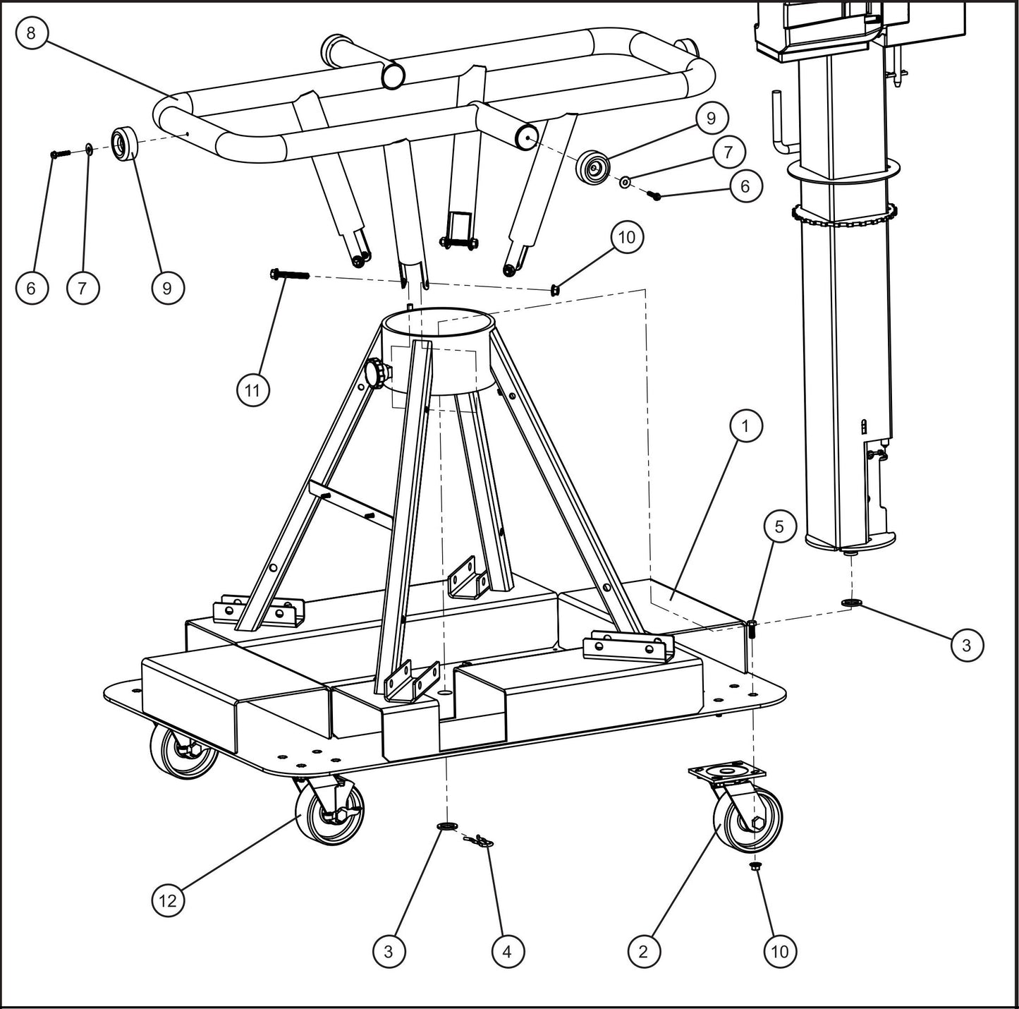 Night-Lite E-Series Manual Winch Tube Handle and Casters Assembly Parts By Allmand