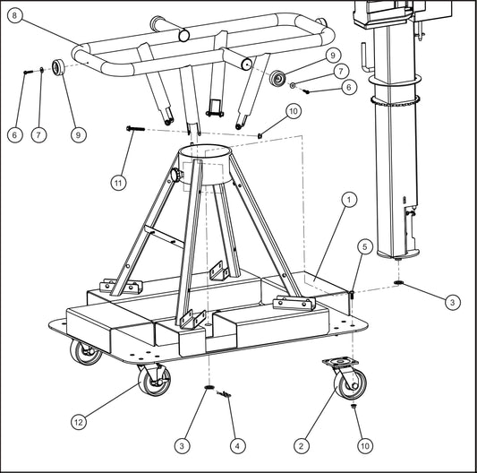 Night-Lite E-Series Manual Winch Tube Handle and Casters Assembly Parts By Allmand