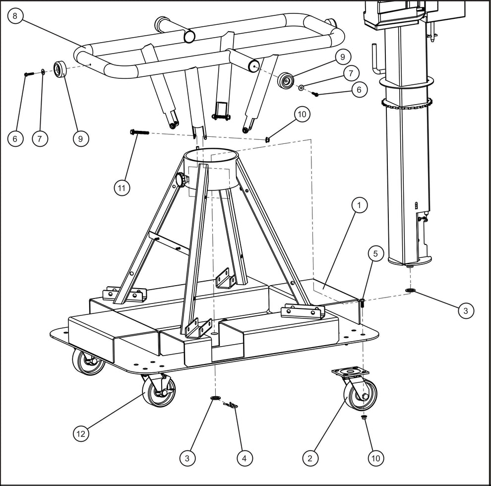 Night-Lite E-Series Manual Winch Tube Handle and Casters Assembly Parts By Allmand