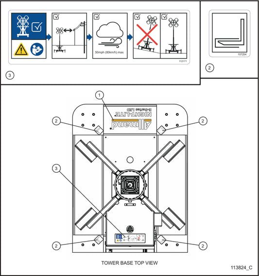 Night-Lite E-Series Manual Winch Top View English Decals Assembly Parts By Allmand