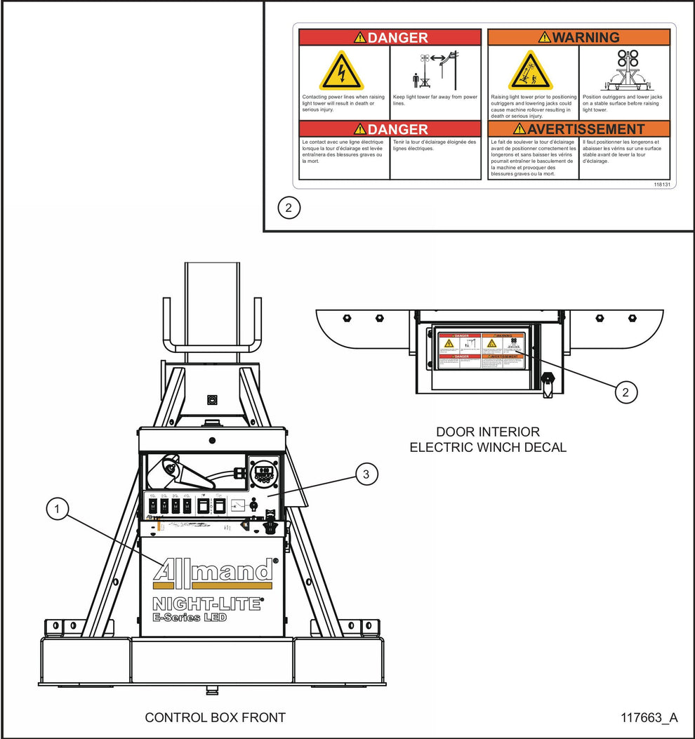 Night-Lite E-Series Manual Winch Control Box Front and Door Bilingual Decals Assembly Parts By Allmand