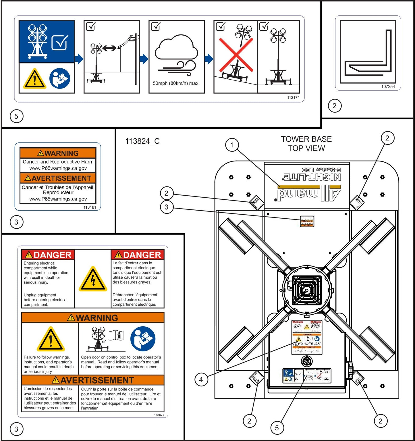 Night-Lite E-Series Manual Winch Top View Bilingual Decals Assembly Parts By Allmand