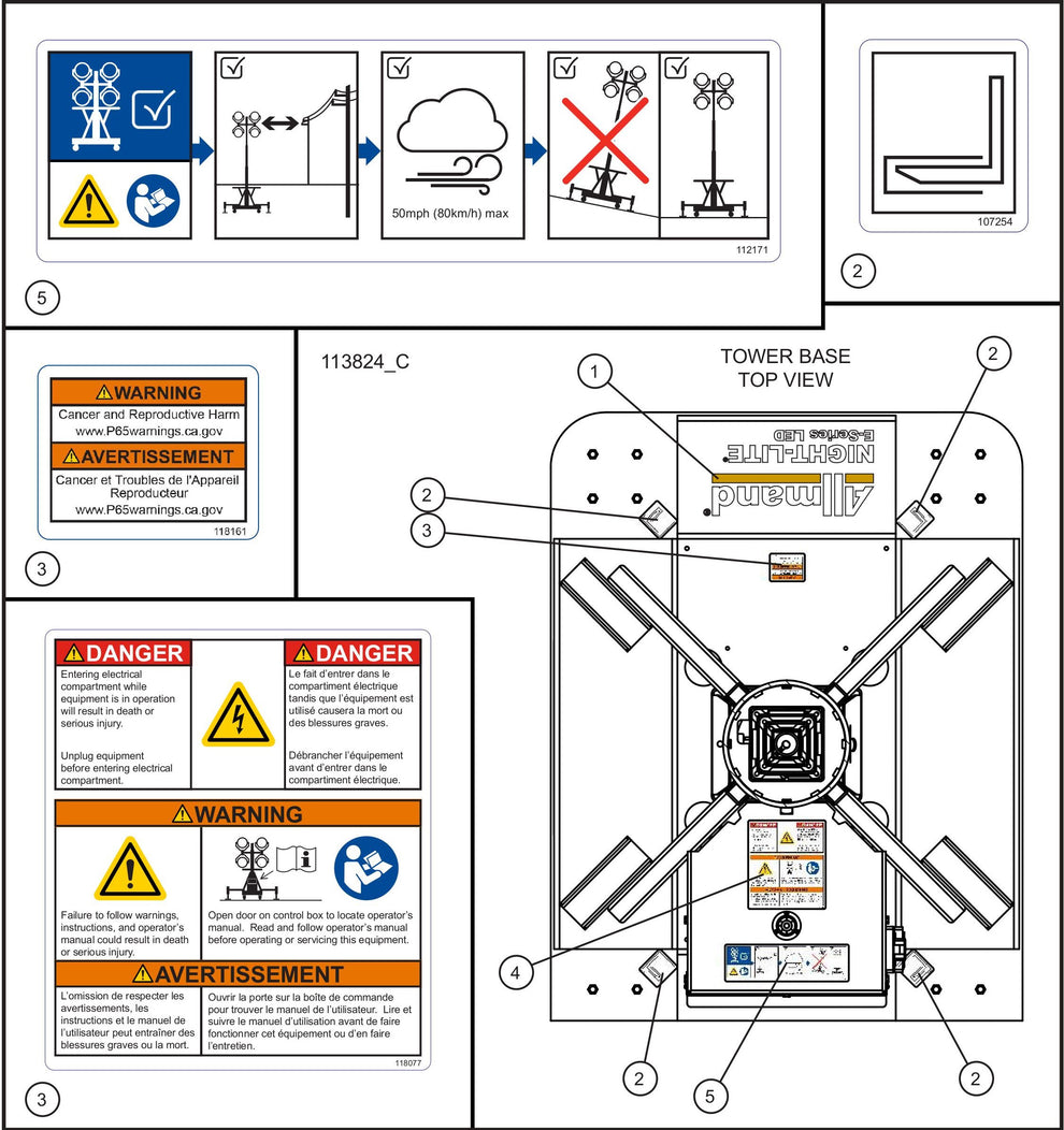 Night-Lite E-Series Manual Winch Top View Bilingual Decals Assembly Parts By Allmand