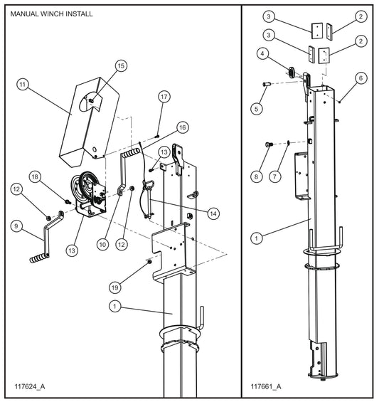 Night-Lite E-Series Electric Winch Manual Winch Vertical Tower Section 1 Assembly Parts for Portable Lights Parts by Allmand
