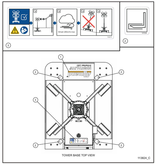 Night-Lite E-Series Electric Winch Top View English Decals Assembly Parts for Portable Lights Parts by Allmand