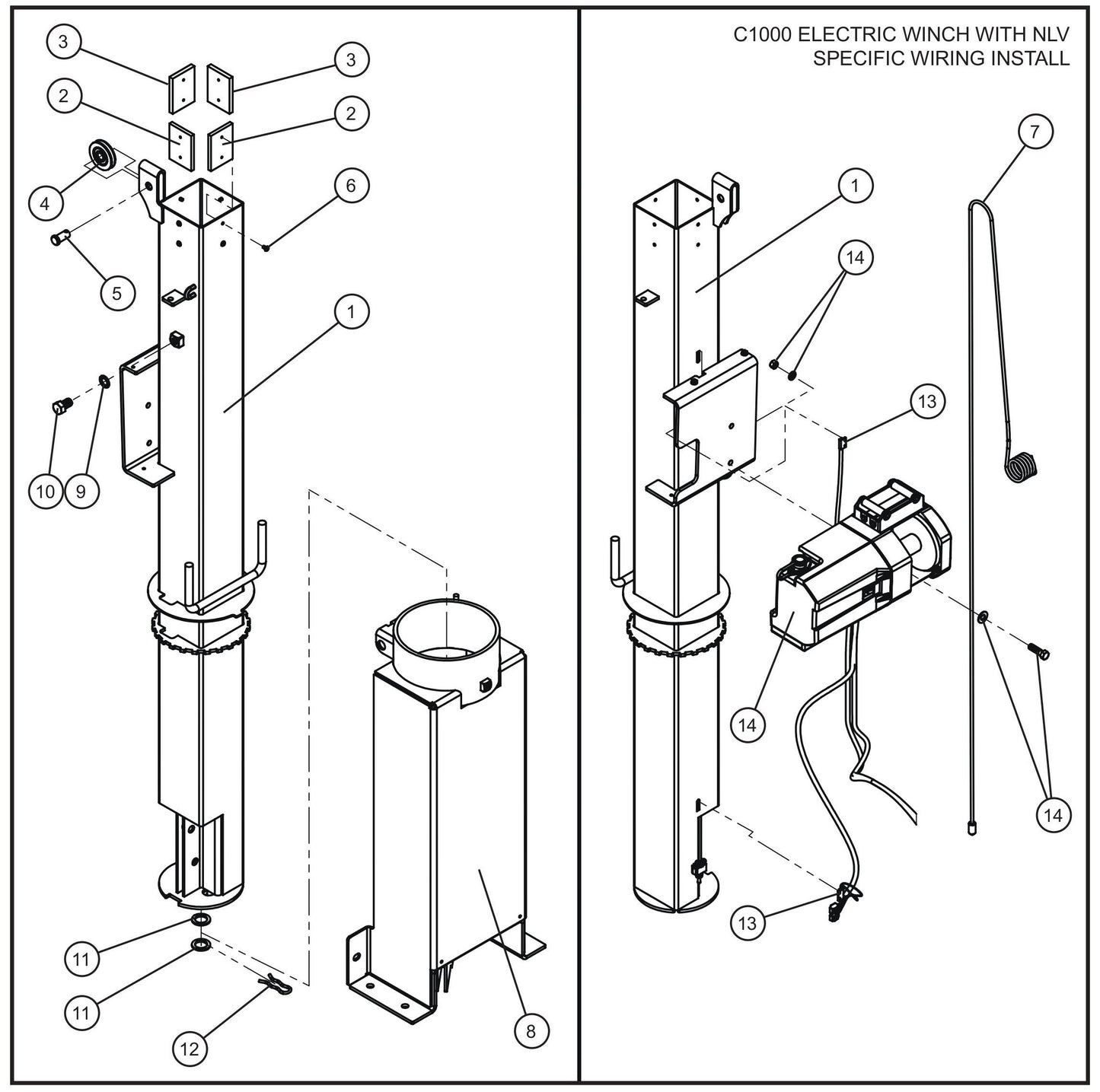 C1000 Electric Winch Vertical Tower Section 1 Assembly Parts for V Series Night-Lite (Sn 39-000001 to 39-999999) by Allmand