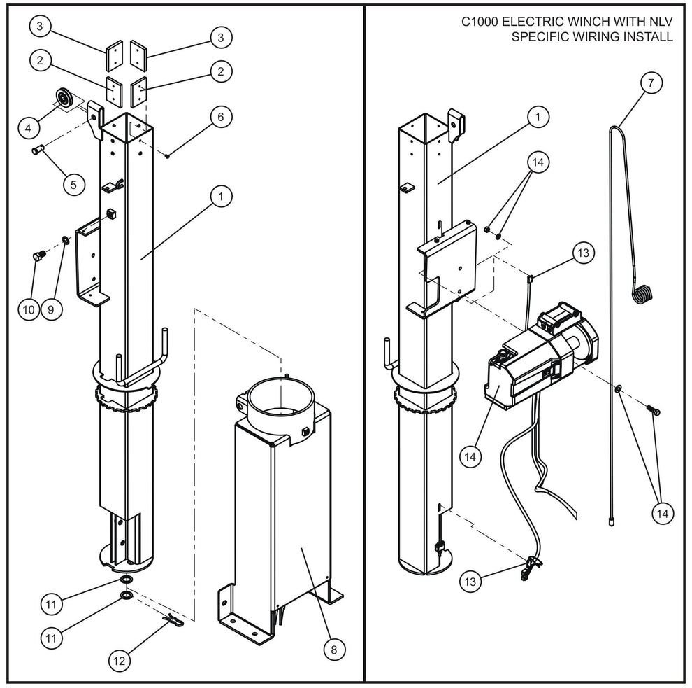 C1000 Electric Winch Vertical Tower Section 1 Assembly Parts for V Series Night-Lite (Sn 39-000001 to 39-999999) by Allmand