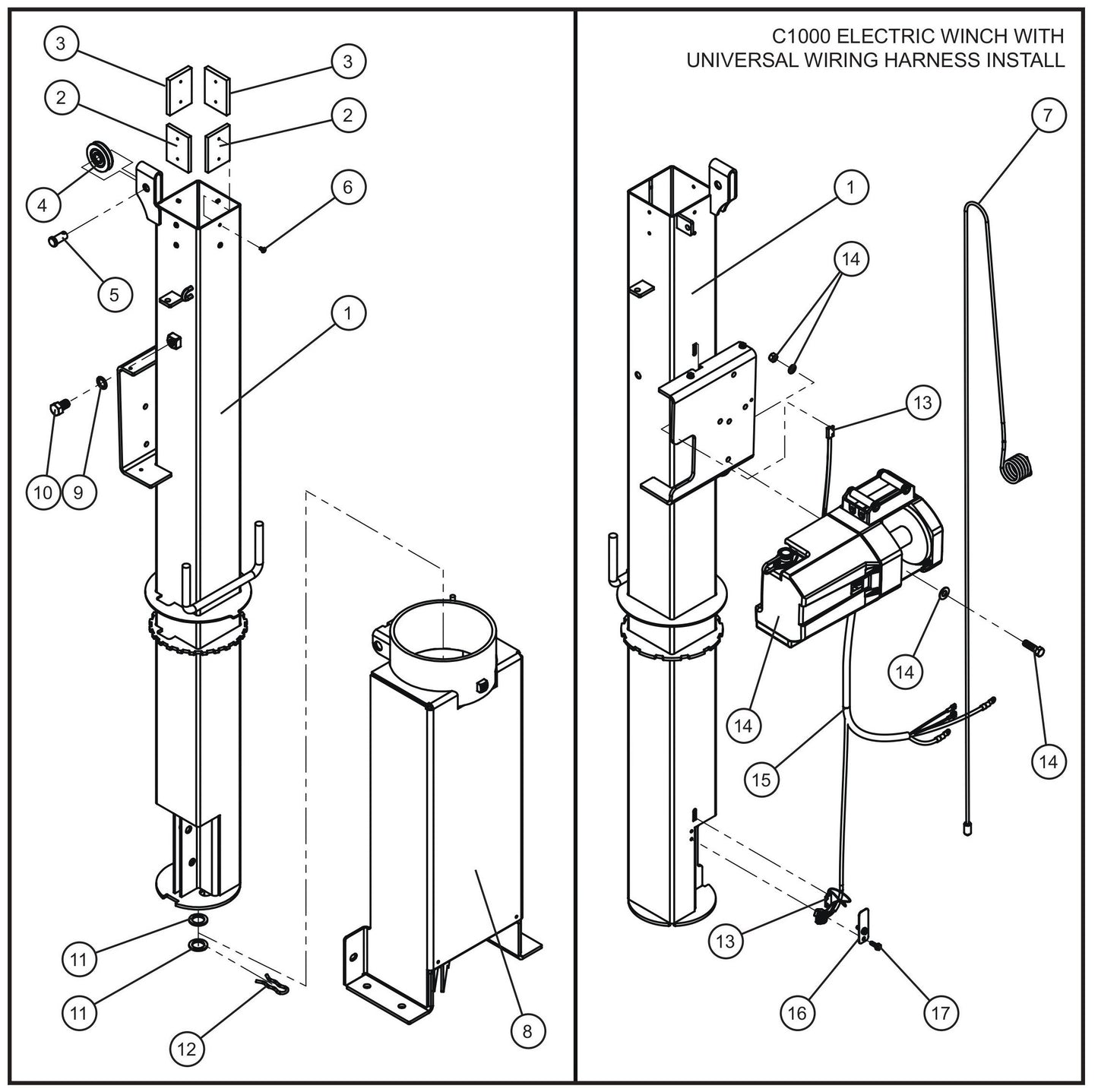 C1000 Electric Winch Vertical Tower Section 2 Assembly Parts for V Series Night-Lite (Sn 39-000001 to 39-999999) by Allmand
