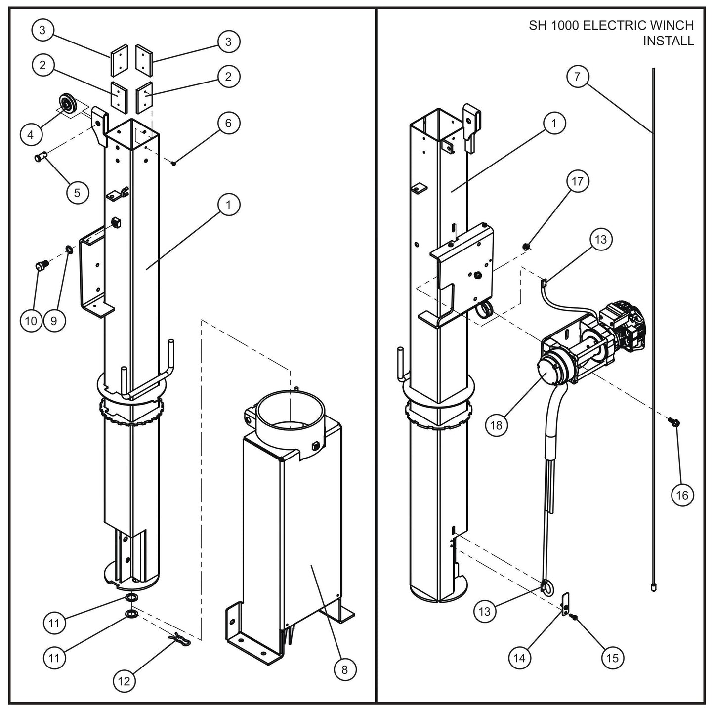 SH 1000 Electric Winch Vertical Tower Section 1 Assembly Parts for V Series Night-Lite (Sn 39-000001 to 39-999999) by Allmand