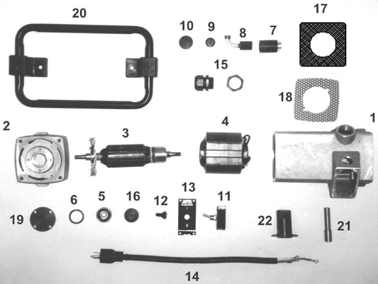 Northrock PRO 3HP 25L3 exploded parts diagram with 22 numbered callouts showing heavy-duty motor housing, armature, field coil, bearings, brushes, switch, heavy-gauge power cord, and frame assembly