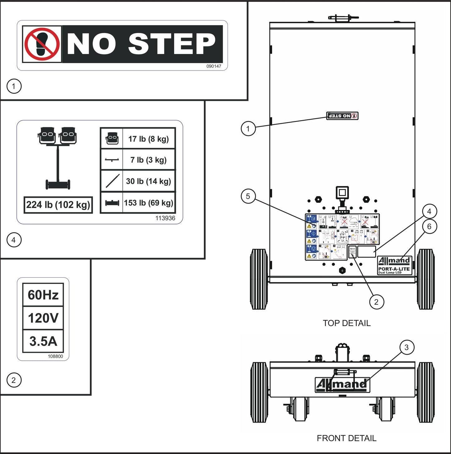 Port-A-Lite Single LED 50-60Hz English Dual Lamp LED Decal Group (1 of 3) Assembly Parts by Allmand