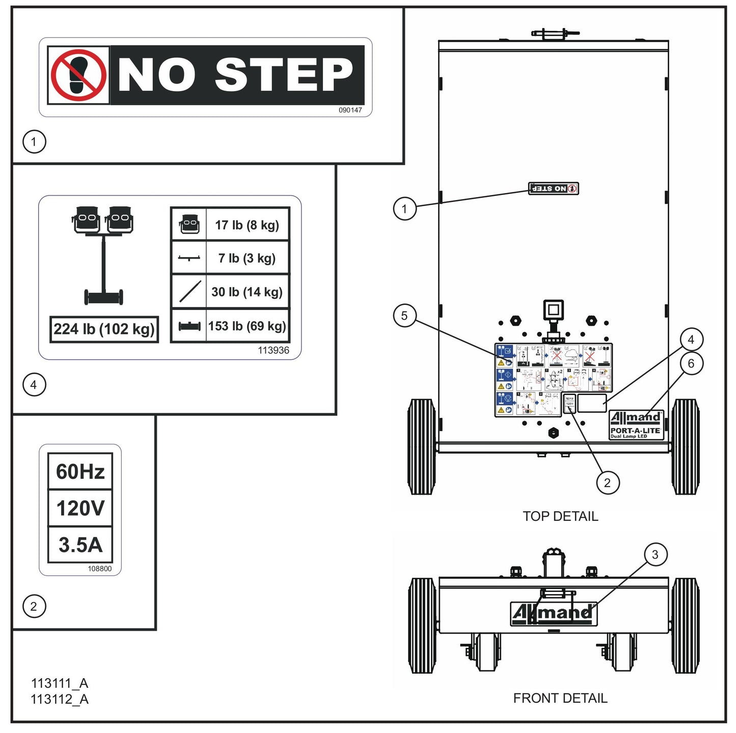 Port-A-Lite Dual LED 50-60Hz English Dual Lamp LED Decal Group (1 of 3) Parts for Portable Light Parts by Allmand