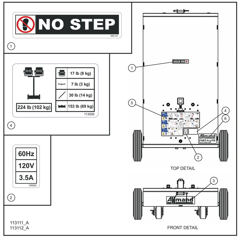 Port-A-Lite Dual LED 50-60Hz English Dual Lamp LED Decal Group (1 of 3) Parts for Portable Light Parts by Allmand