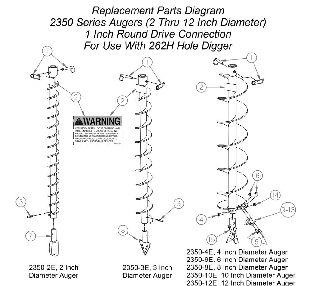Replacement Parts Diagram 2350 Series Augers (2 Thru 8 Inch Diameter) 1 Inch Round Drive Connection Assembly 262H Parts By General Equipment