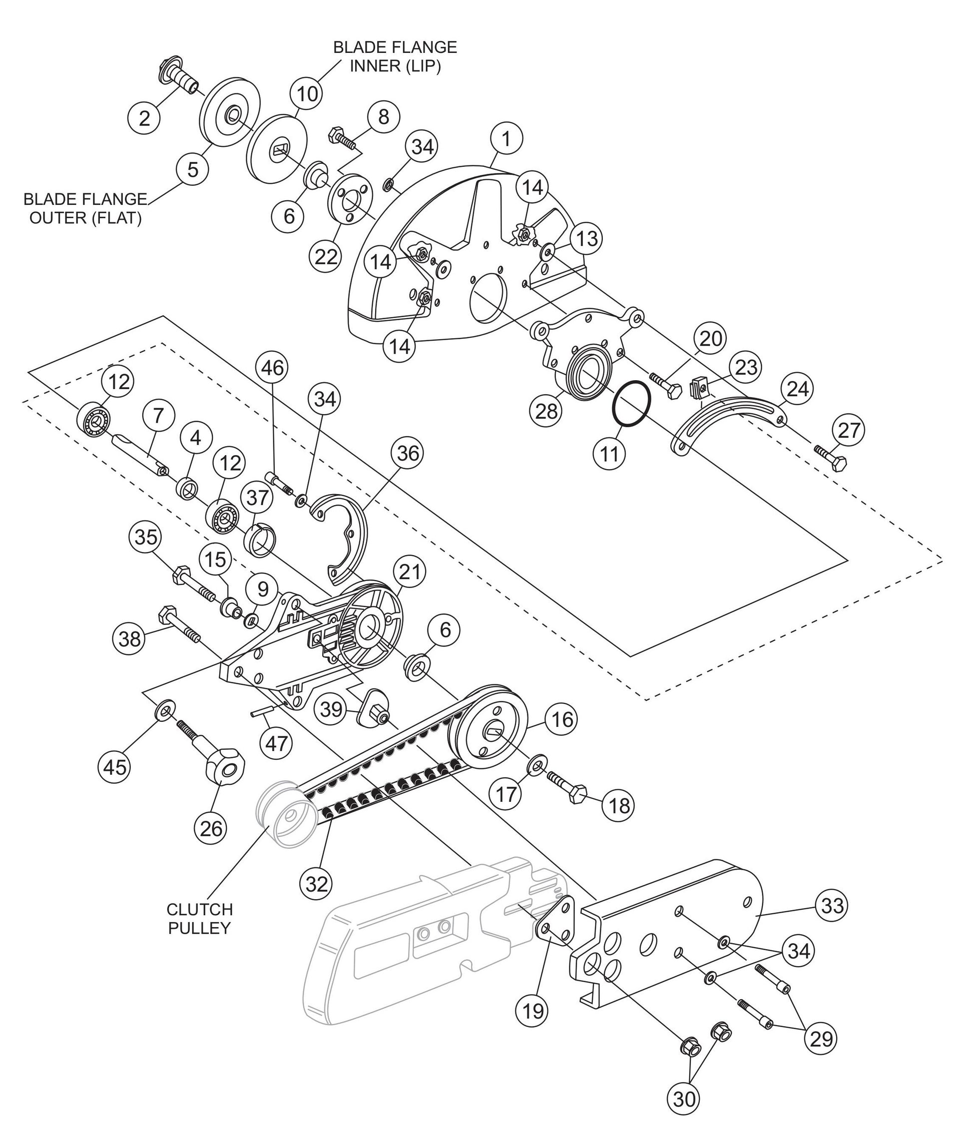 SHS62A Cut-Off Saw - V- Belt Cover (Pulley-Side)/ Blade Guard Assembly Parts