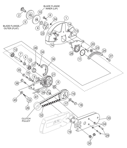 SHS62A Cut-Off Saw - V- Belt Cover (Pulley-Side)/ Blade Guard Assembly Parts