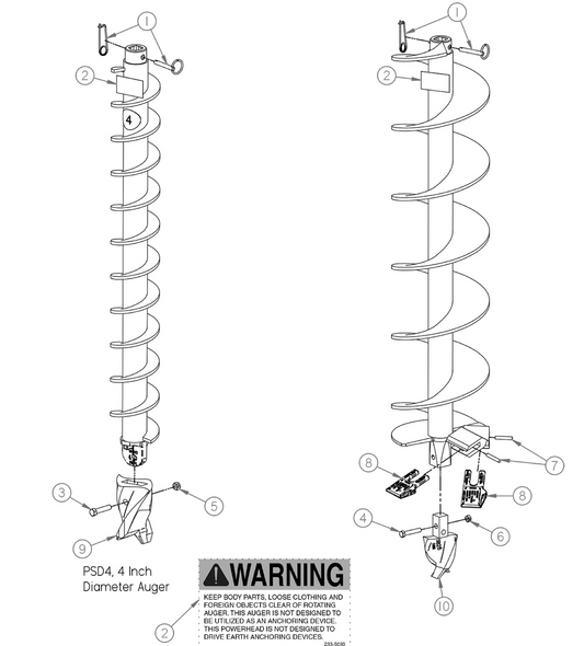 Replacement Parts Diagram PSD &amp; PLDBH Series Augers (4 Thru 12 Inch Diameter) 7/8 Inch Square Drive Connection Assembly Parts By General Equipment